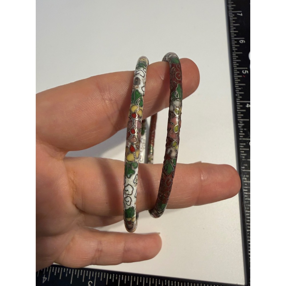 Vintage Cloisonne Enamel Bangle Bracelet Set Floral White Red Gold Tone 2.5 Inch